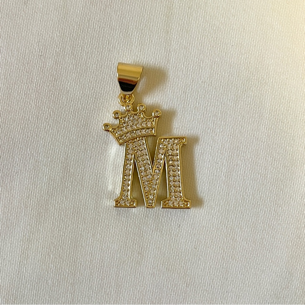 Gold Plated Letter M Initial Crown Pavé Pendant Necklace Charm